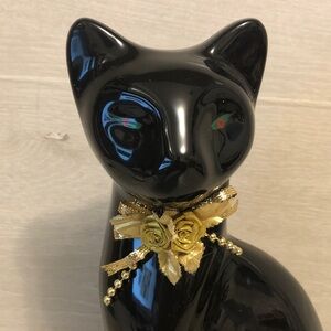 Vintage 11.5” Ceramic Black Kitty Cat Figure w Green Eyes Gold Ribbon Pls Read